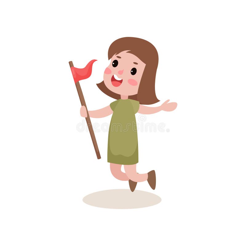Vlakke blije padvindster die met rode in hand vlag springen, de activiteiten van het de zomerkamp vector illustratie Vlakke blije padvindster die met rode in hand vlag springen, de activiteiten van het de zomerkamp vector illustratie