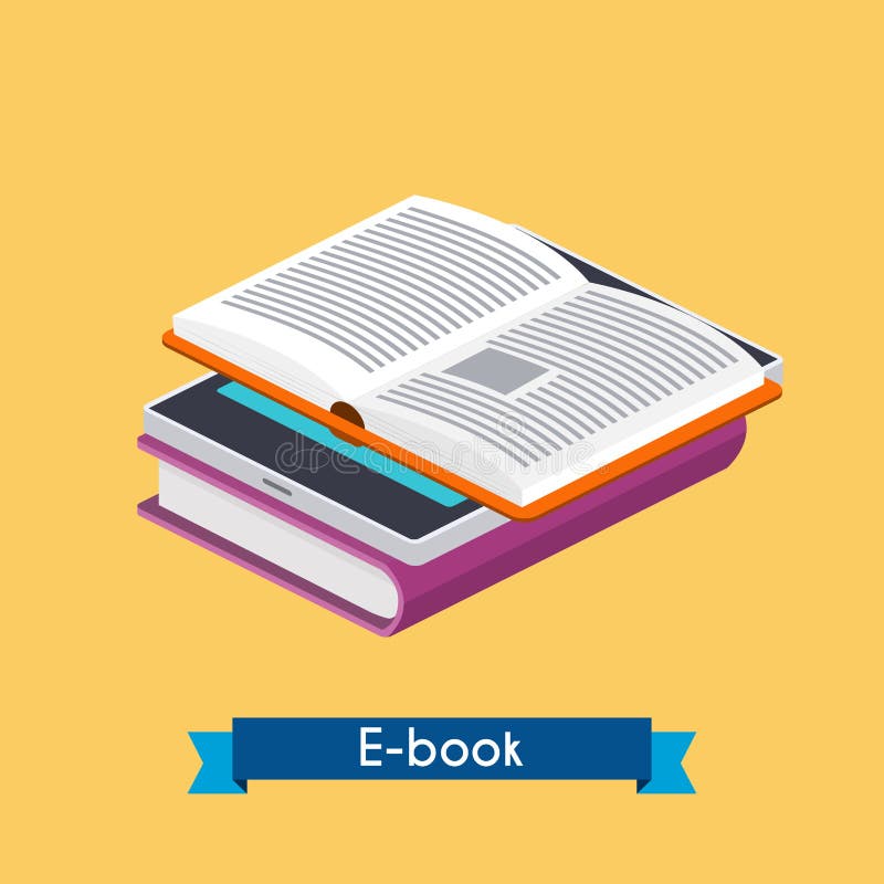 Vlakke 3d isometrische eBooklezer en boeken Online lezing E-Lea vector illustratie Vlakke 3d isometrische eBooklezer en boeken Online lezing E-Lea vector illustratie