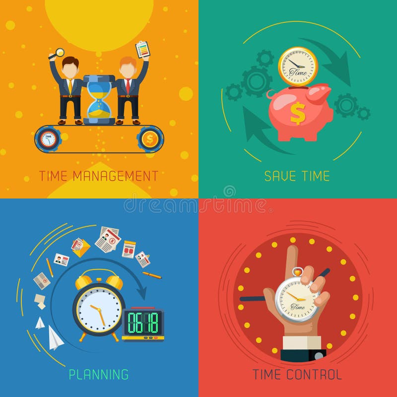 Vlakke de Pictogrammen Vierkante Samenstelling van het tijdbeheer stock illustratie Vlakke de Pictogrammen Vierkante Samenstelling van het tijdbeheer stock illustratie