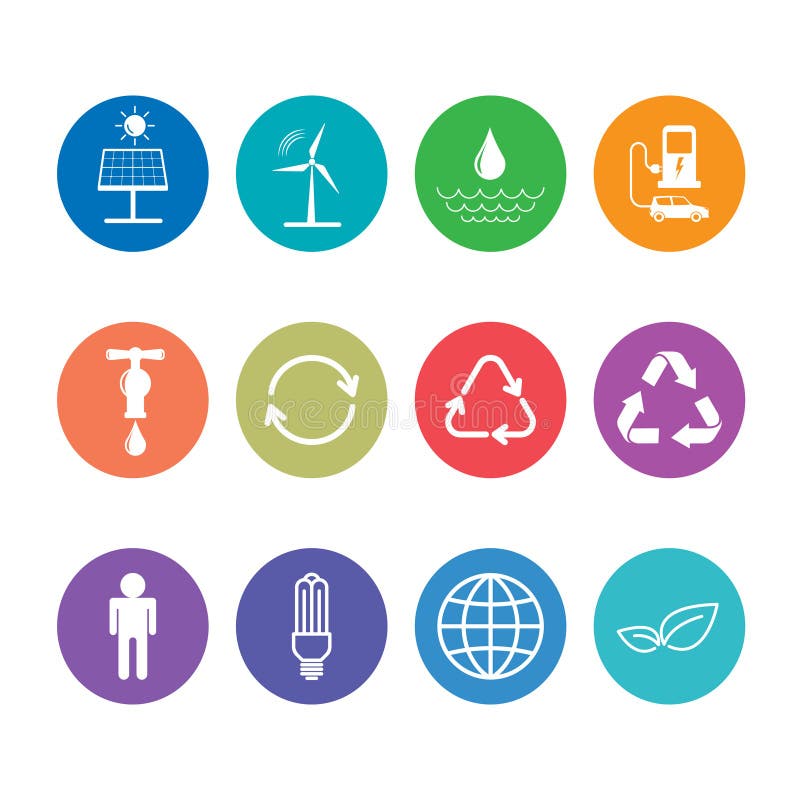 Vlakke die ontwerppictogrammen voor duurzaam energie en Ecologieconcept worden geplaatst stock illustratie Vlakke die ontwerppictogrammen voor duurzaam energie en Ecologieconcept worden geplaatst stock illustratie