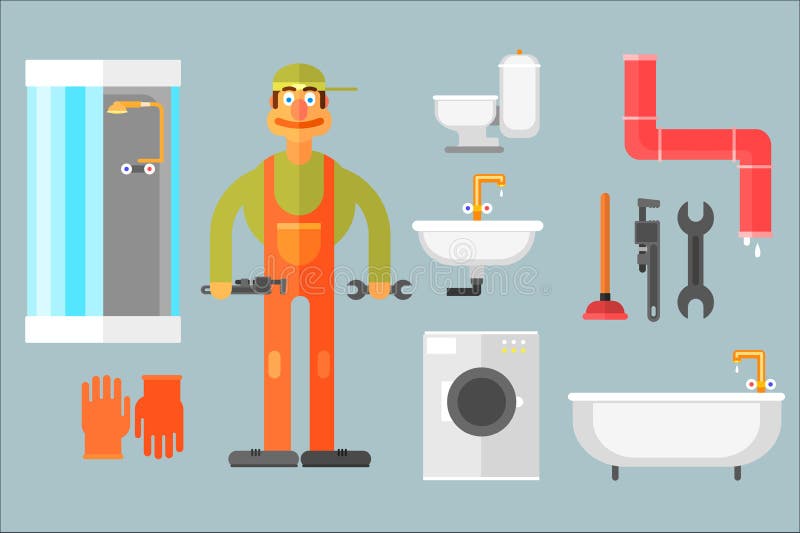Vlakke die vector met loodgieter, hulpmiddelen voor reparatie en sanitaire techniek wordt geplaatst Arbeider, toilet, gootsteen, stock illustratie Vlakke die vector met loodgieter, hulpmiddelen voor reparatie en sanitaire techniek wordt geplaatst Arbeider, toilet, gootsteen, stock illustratie