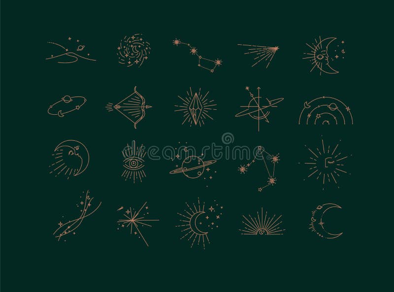 Flat elegance astrology signs landscape, galaxy, constellation, comet, moon, orbit, bow, arrows, crystal, eye, Saturn, star, stars, sun, particles, particle sunset space modern line style drawing with brown color lines on green background. Flat elegance astrology signs landscape, galaxy, constellation, comet, moon, orbit, bow, arrows, crystal, eye, Saturn, star, stars, sun, particles, particle sunset space modern line style drawing with brown color lines on green background