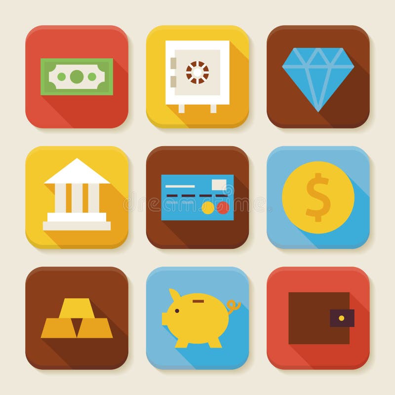 Vlakke Geplaatste Financiën en Bankwezen Geregelde App Pictogrammen
