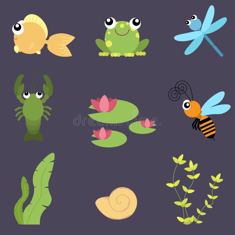 Vlakke geplaatste ontwerp leuke dieren Het rivierleven: vissen, kikker, libel, rivierkreeften, bij, waterlelie, shells vector illustratie Vlakke geplaatste ontwerp leuke dieren Het rivierleven: vissen, kikker, libel, rivierkreeften, bij, waterlelie, shells vector illustratie