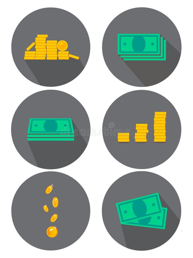 Vlakke geplaatste pictogrammen Varianten van geld, muntstukken Ideeën voor reclame en banners Vector illustratie royalty-vrije illustratie Vlakke geplaatste pictogrammen Varianten van geld, muntstukken Ideeën voor reclame en banners Vector illustratie royalty-vrije illustratie