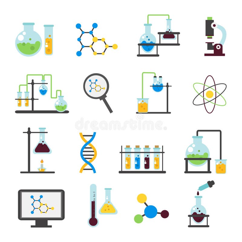Vlakke het Pictogramreeks van het chemielaboratorium stock illustratie Vlakke het Pictogramreeks van het chemielaboratorium stock illustratie