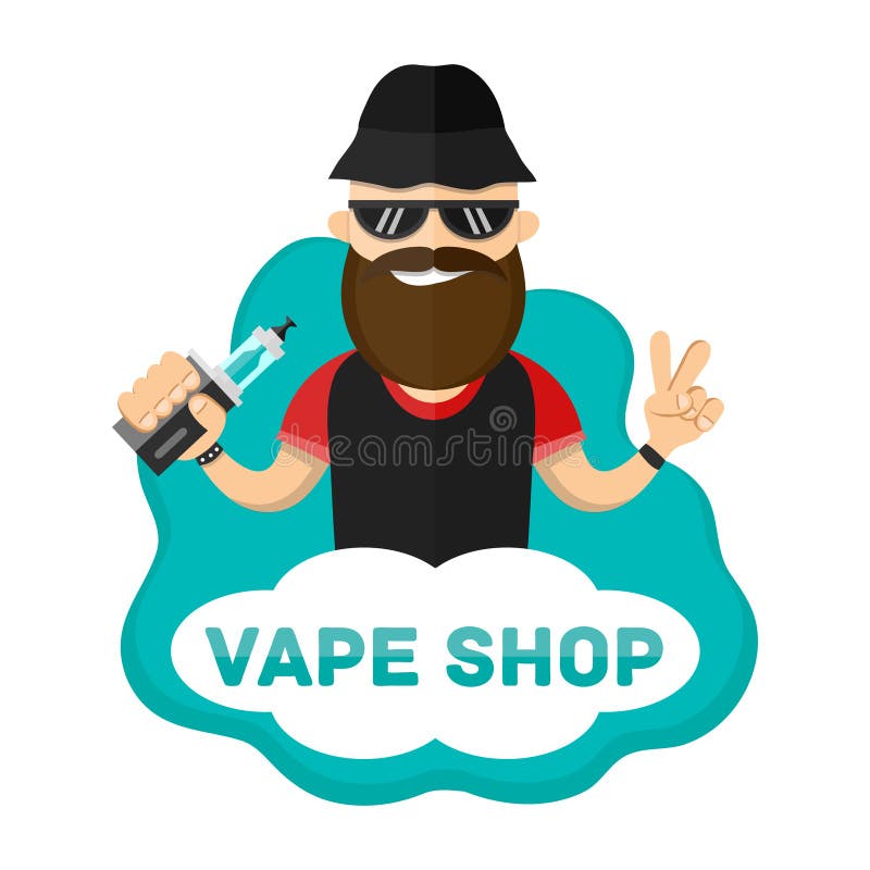 Vlakke illustratie van de mens met vapekarakter Het embleem van de Vapewinkel royalty-vrije illustratie Vlakke illustratie van de mens met vapekarakter Het embleem van de Vapewinkel royalty-vrije illustratie