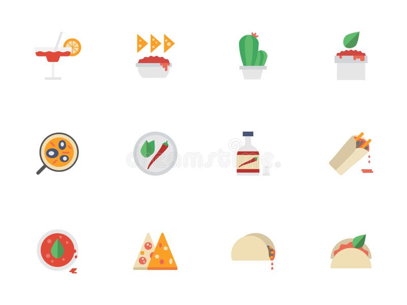Vlakke Mexicaanse de keukenpictogrammen van het kleurenontwerp royalty-vrije illustratie Vlakke Mexicaanse de keukenpictogrammen van het kleurenontwerp royalty-vrije illustratie