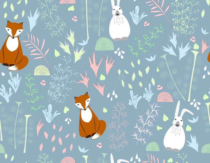 Vlakke naadloze vectorillustratie met bloemen en beeldverhaaldieren De vos, konijn, hazen Ornamenten, decoratieve ornamenten, royalty-vrije illustratie Vlakke naadloze vectorillustratie met bloemen en beeldverhaaldieren De vos, konijn, hazen Ornamenten, decoratieve ornamenten, royalty-vrije illustratie