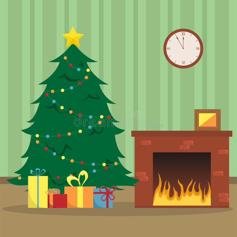 Vlakke Nieuwjaar` s vectorillustratie met een Kerstboom, stock illustratie Vlakke Nieuwjaar` s vectorillustratie met een Kerstboom, stock illustratie