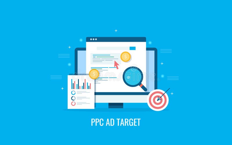 Modern concept of ppc ad target, search engine marketing and advertising, paid content promotion, seo optimization. Flat design vector illustration. Modern concept of ppc ad target, search engine marketing and advertising, paid content promotion, seo optimization. Flat design vector illustration.