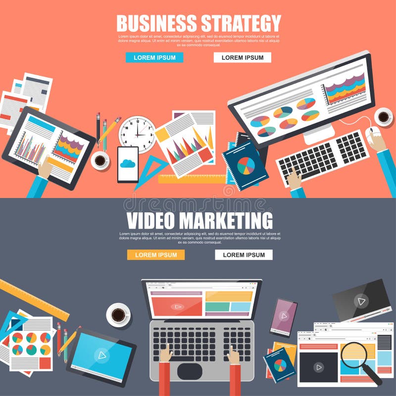 Vlakke ontwerpconcepten voor bedrijfsstrategie en video marketing royalty-vrije illustratie Vlakke ontwerpconcepten voor bedrijfsstrategie en video marketing royalty-vrije illustratie