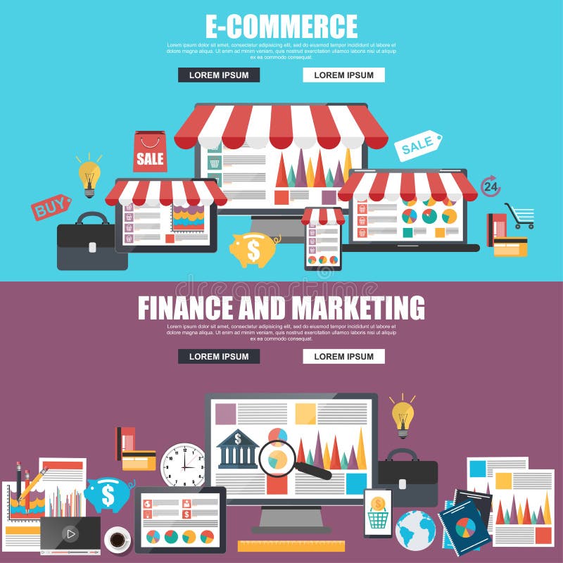 Vlakke ontwerpconcepten voor elektronische handel, marketing en strategieanalyse vector illustratie Vlakke ontwerpconcepten voor elektronische handel, marketing en strategieanalyse vector illustratie