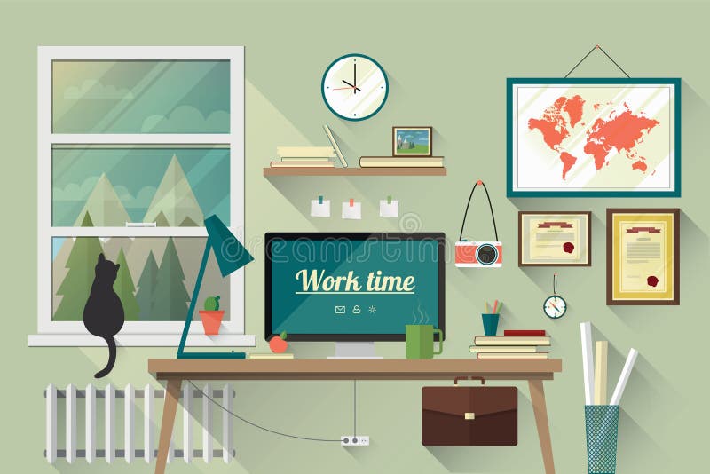 Vlakke ontwerpillustratie van de moderne werkplaats royalty-vrije illustratie Vlakke ontwerpillustratie van de moderne werkplaats royalty-vrije illustratie