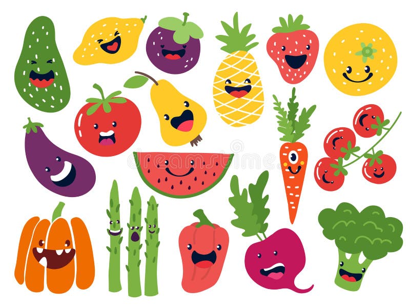 Vlakke plantaardige karakters De grappige vruchten van de smileykrabbel, de hand getrokken appelen van de de uitomaat van de bess vector illustratie Vlakke plantaardige karakters De grappige vruchten van de smileykrabbel, de hand getrokken appelen van de de uitomaat van de bess vector illustratie