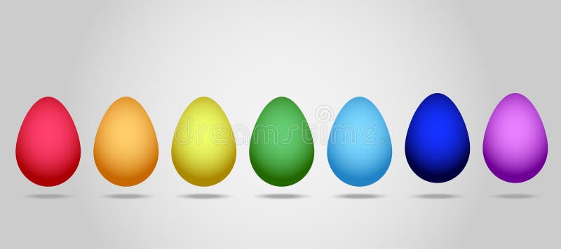 Vlakke Vector: Reeks van zeven eieren voor de viering van Gelukkige Pasen In een reeks eieren van alle kleuren van de regenboog stock illustratie Vlakke Vector: Reeks van zeven eieren voor de viering van Gelukkige Pasen In een reeks eieren van alle kleuren van de regenboog stock illustratie