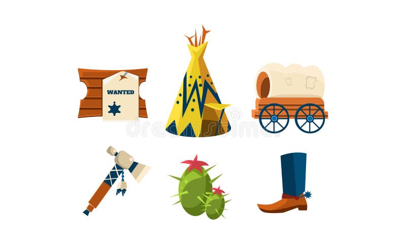 Vlakke vectorreeks attributen van de wilde laars van de het westencowboy s, wigwam, groene cactus, houten raad met gewilde affich vector illustratie Vlakke vectorreeks attributen van de wilde laars van de het westencowboy s, wigwam, groene cactus, houten raad met gewilde affich vector illustratie