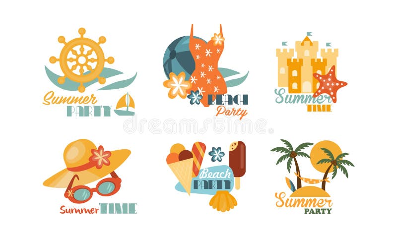 Vlakke vectorreeks kleurrijke de zomeretiketten Het thema van de strandvakantie Elementen voor promo deegachtige vlieger of prent vector illustratie Vlakke vectorreeks kleurrijke de zomeretiketten Het thema van de strandvakantie Elementen voor promo deegachtige vlieger of prent vector illustratie