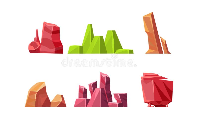 Vlakke vectorreeks kleurrijke stenen van verschillende vormen Natuurlijke landschapselementen Vaste gesteenten royalty-vrije illustratie Vlakke vectorreeks kleurrijke stenen van verschillende vormen Natuurlijke landschapselementen Vaste gesteenten royalty-vrije illustratie