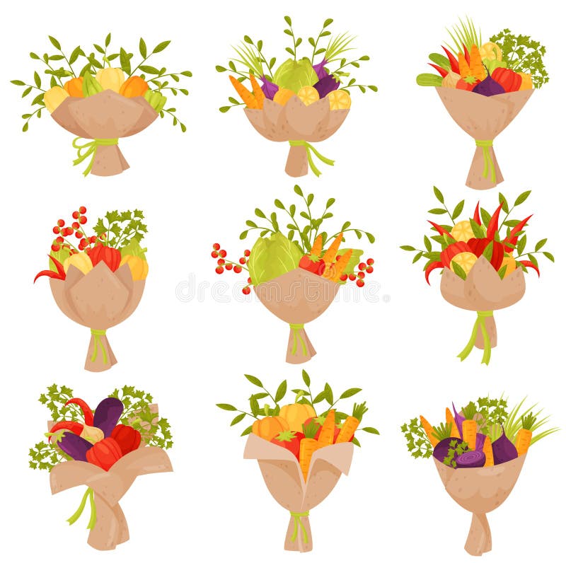 Vlakke vectorreeks verse groenteboeketten Organische producten Natuurlijk en gezond voedsel Origineel stelt voor royalty-vrije illustratie Vlakke vectorreeks verse groenteboeketten Organische producten Natuurlijk en gezond voedsel Origineel stelt voor royalty-vrije illustratie