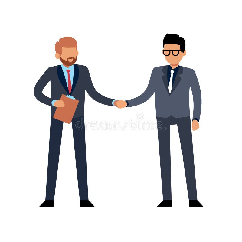 Vlakke zakenliedenhanddruk Twee jonge bevindende mensen die op conferentie of contractovereenkomst samenkomen vector illustratie Vlakke zakenliedenhanddruk Twee jonge bevindende mensen die op conferentie of contractovereenkomst samenkomen vector illustratie