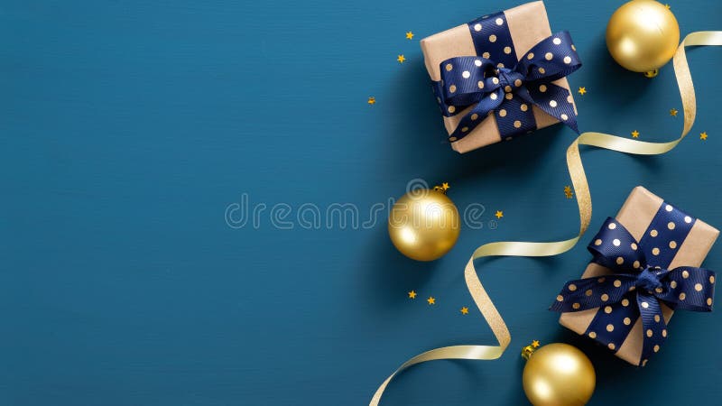 Vlek kerstcadeaudozen, gouden ballen, confetti, lint over blauwe achtergrond De bannerverhoging van Xmas met exemplaarruimte Kers
