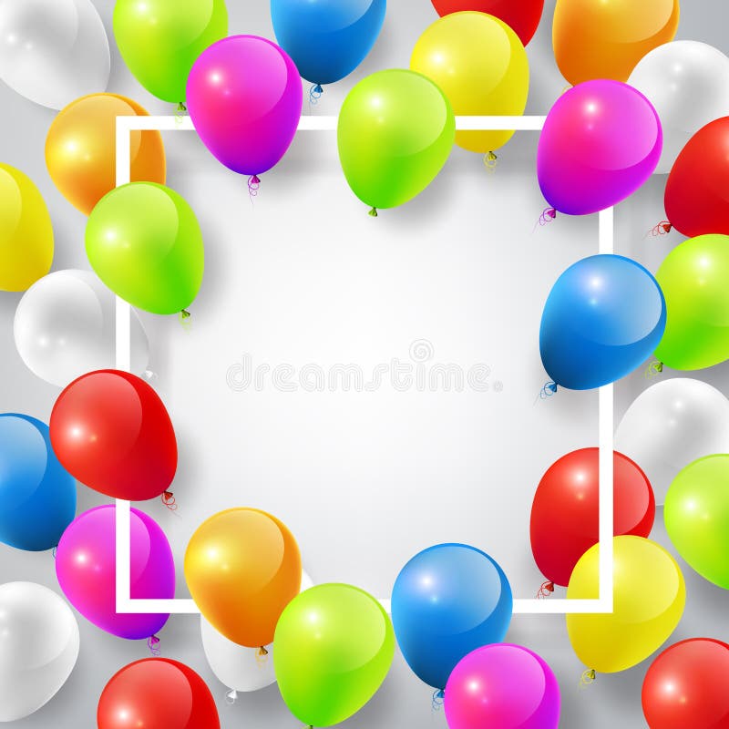 Vliegend Realistische Glanzende Kleurrijke Ballons met vierkant wit kader voor ontwerpmalplaatje, vier concept op witte achtergro vector illustratie Vliegend Realistische Glanzende Kleurrijke Ballons met vierkant wit kader voor ontwerpmalplaatje, vier concept op witte achtergro vector illustratie