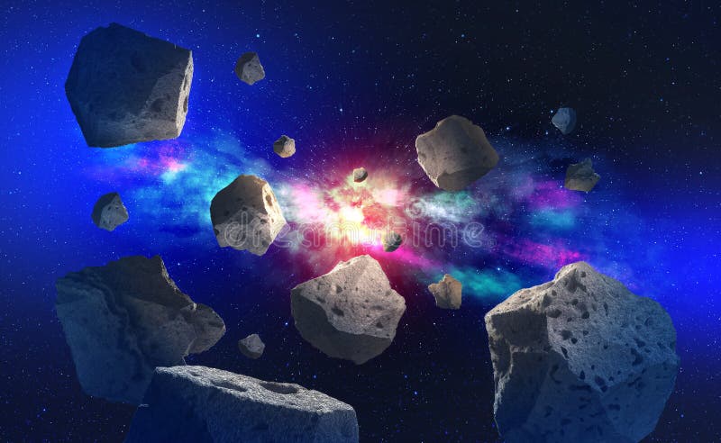 Vliegende asteroïden in de ruimte Grote knal en meteorietdouche stock illustratie Vliegende asteroïden in de ruimte Grote knal en meteorietdouche stock illustratie