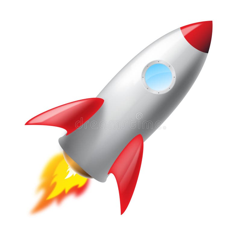 Flying metal rocket isoated, vector icon, 3D. Flying metal rocket isoated, vector icon, 3D