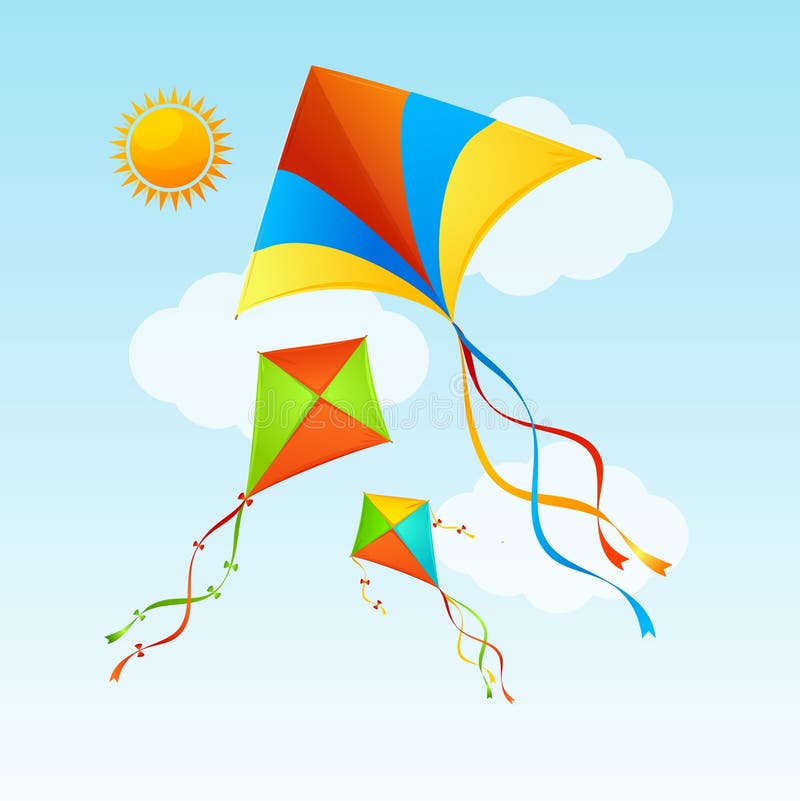 Vliegende Vlieger en Wolken op een Blauwe het Conceptenachtergrond van de Hemelzomer Vector royalty-vrije illustratie Vliegende Vlieger en Wolken op een Blauwe het Conceptenachtergrond van de Hemelzomer Vector royalty-vrije illustratie