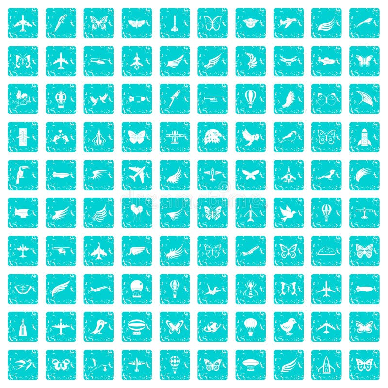 100 fly icons set in grunge style blue color isolated on white background vector illustration. 100 fly icons set in grunge style blue color isolated on white background vector illustration