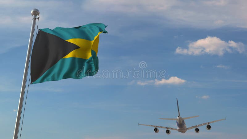 Vliegtuig die over vlag van de Bahamas vliegen Het Bahamiaanse toerisme bracht het 3D teruggeven met elkaar in verband vector illustratie Vliegtuig die over vlag van de Bahamas vliegen Het Bahamiaanse toerisme bracht het 3D teruggeven met elkaar in verband vector illustratie