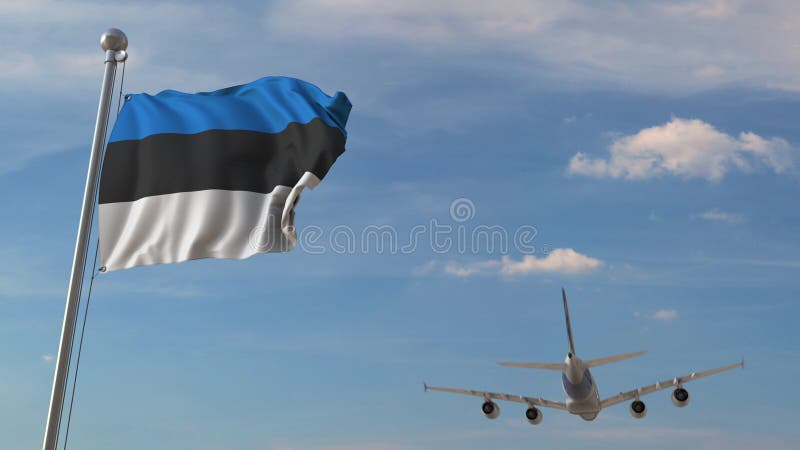 Vliegtuig die over vlag van Estland vliegen Het Estlandse toerisme bracht het 3D teruggeven met elkaar in verband royalty-vrije illustratie Vliegtuig die over vlag van Estland vliegen Het Estlandse toerisme bracht het 3D teruggeven met elkaar in verband royalty-vrije illustratie