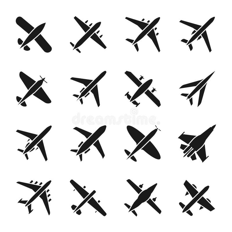 Vliegtuig vectorpictogrammen Vlieg en straalsymbolen Het silhouettekens van de vliegtuigluchtvaart op witte achtergrond worden ge vector illustratie Vliegtuig vectorpictogrammen Vlieg en straalsymbolen Het silhouettekens van de vliegtuigluchtvaart op witte achtergrond worden ge vector illustratie