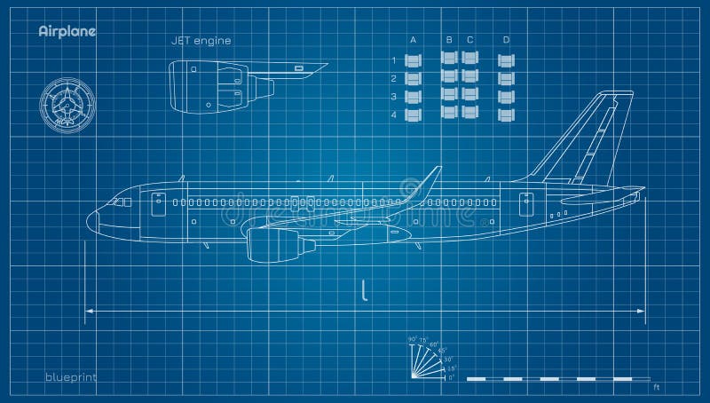 Vliegtuigen in overzichtsstijl Blauwdruk van burgerlijk vliegtuig Zijaanzicht van Vliegtuig Industri?le tekening Jet Engine