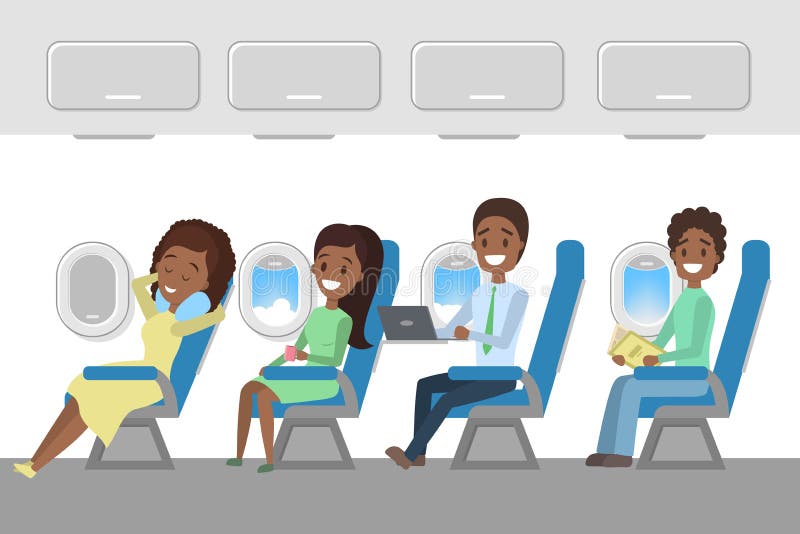 Vliegtuigenbinnenland met gelukkige jonge binnen passagiers vector illustratie Vliegtuigenbinnenland met gelukkige jonge binnen passagiers vector illustratie