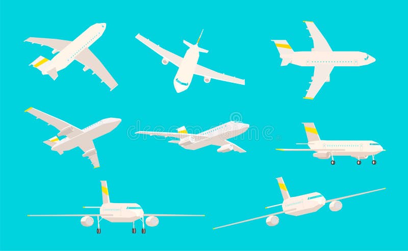Vliegtuigreeks, verschillende hoeken van gezicht op een blauwe achtergrond, lage polyvliegtuigen vector illustratie Vliegtuigreeks, verschillende hoeken van gezicht op een blauwe achtergrond, lage polyvliegtuigen vector illustratie