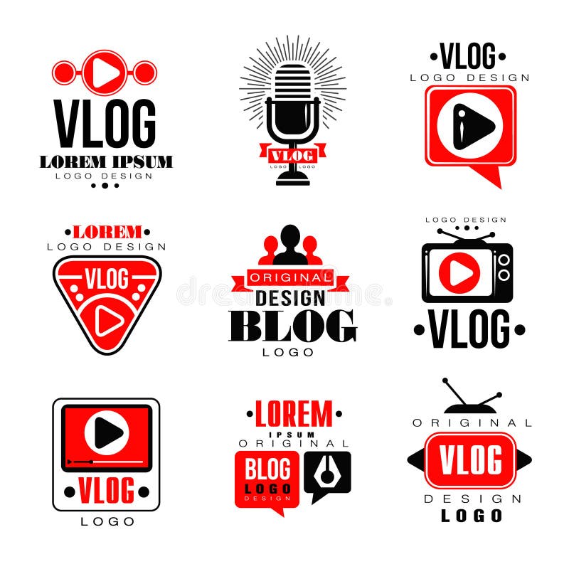 Vlog y el sistema original del diseño del logotipo del blog, el blogging video o el canal video badges ejemplos del vector ilustración del vector Vlog y el sistema original del diseño del logotipo del blog, el blogging video o el canal video badges ejemplos del vector ilustración del vector