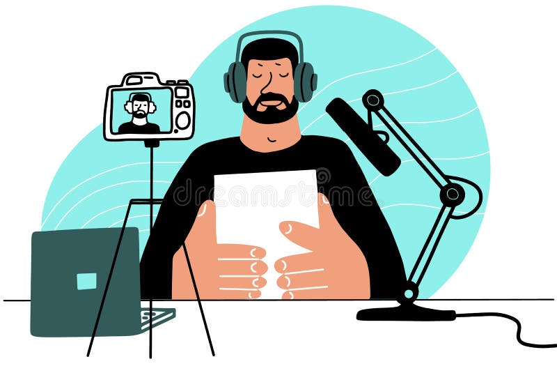 Vlogger Streaming Online. Man Recording Video To Blog Flat Style Stock  Vector - Illustration of editor, material: 205602786