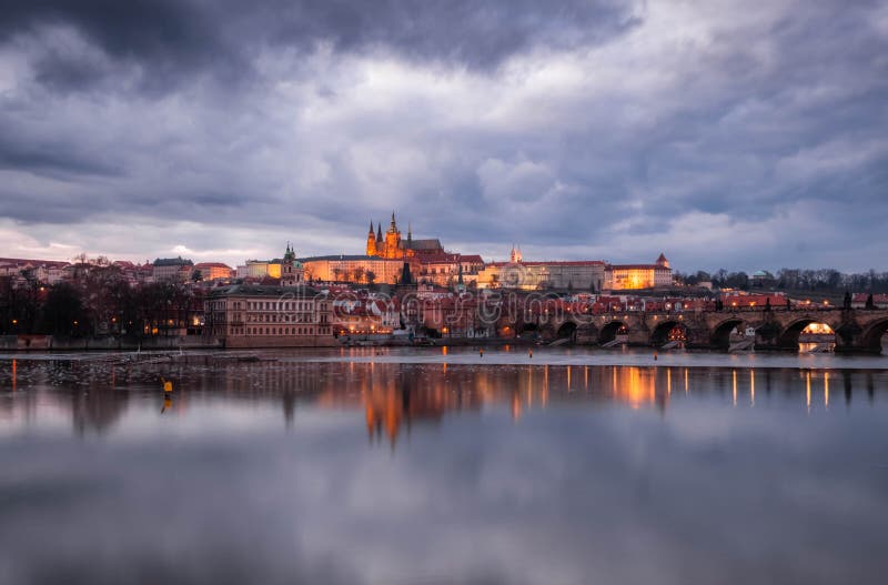 Vltava river, Prague Castle and Saint Vitus Cathedral in Prague. Czech Republic.