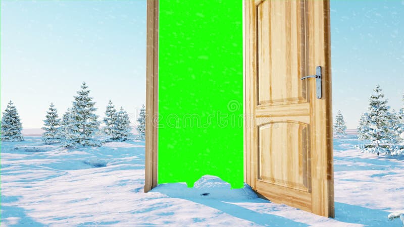 Vlucht door een open deur Portaal door de winterlandschap Het groene scherm Realistische 4K animatie