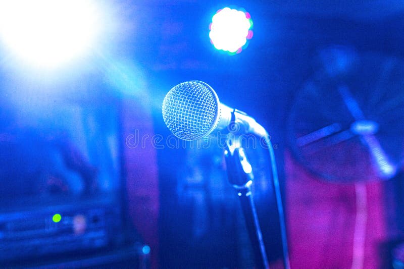 Microphone in a Set of Spotlights on a Concert Stage in a Club Stock Photo Image of event