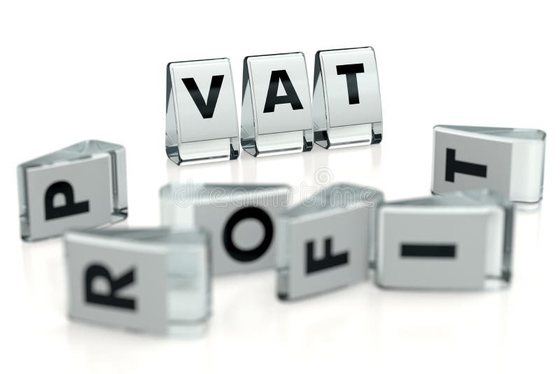 Voci IVA scritte su blocchi lucidi e cadute su blocchi sfuocati con lettere PROFIT Isolato su bianco L'imposta IVA elevata riduce illustrazione vettoriale