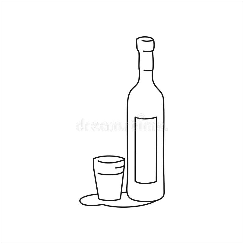 Vodka Bottle and Glass Outline Icon on White Background. Black White