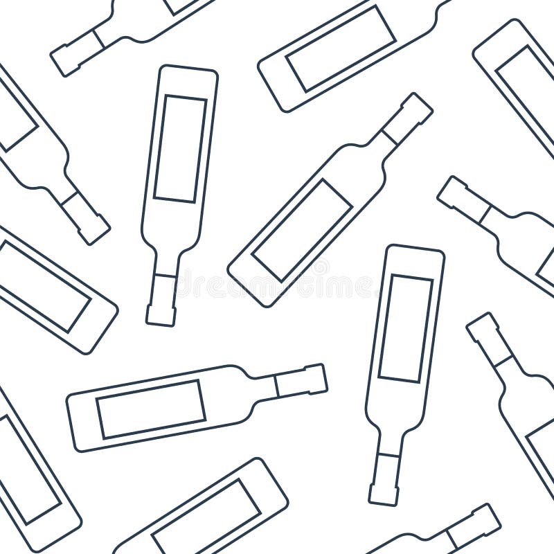 Vodka Bottles and Alcohol Drop Seamless Pattern. Line Art Style