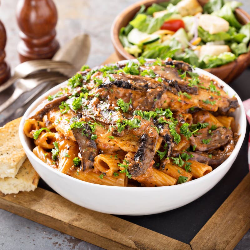 Vodka Chicken Pasta with Marinara Sauce Stock Image - Image of