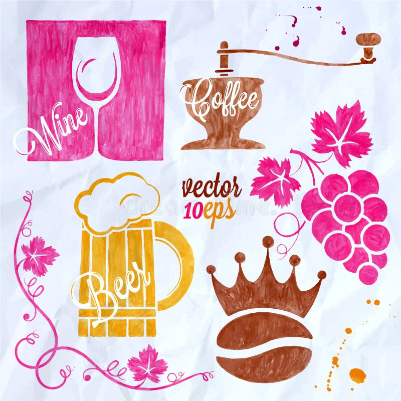 Voedsel en drank de wijnbier van de waterverf vastgesteld koffie vector illustratie Voedsel en drank de wijnbier van de waterverf vastgesteld koffie vector illustratie