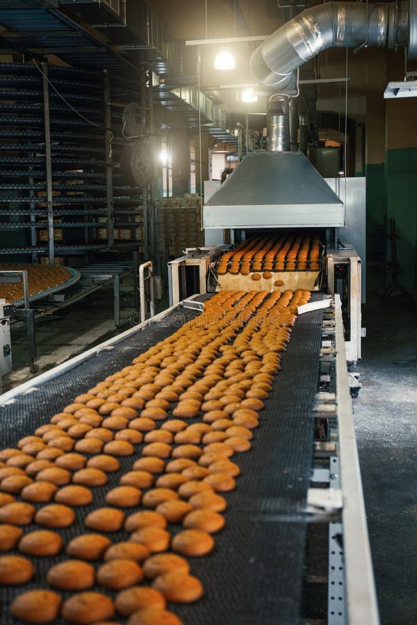Voedselfabriek, productielijn of transportband met verse gebakken koekjes Moderne geautomatiseerde banketbakkerij en bakkerij