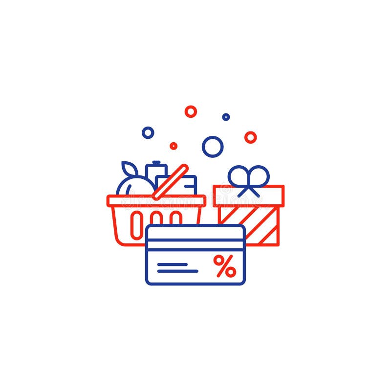Voedselmand, kruidenierswinkelorde, winkelspeciale aanbieding, het pictogram van de de kaartlijn van de bonuskorting stock illustratie Voedselmand, kruidenierswinkelorde, winkelspeciale aanbieding, het pictogram van de de kaartlijn van de bonuskorting stock illustratie