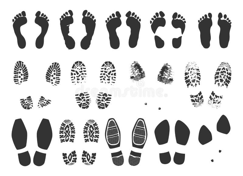 Footstep icon. Footprint black symbols collection. Bare human feet and shoe print tracks. Pairs of sneaker and boot sole traces. Male and female footwear stamps. Vector isolated dirty leg imprints set. Footstep icon. Footprint black symbols collection. Bare human feet and shoe print tracks. Pairs of sneaker and boot sole traces. Male and female footwear stamps. Vector isolated dirty leg imprints set